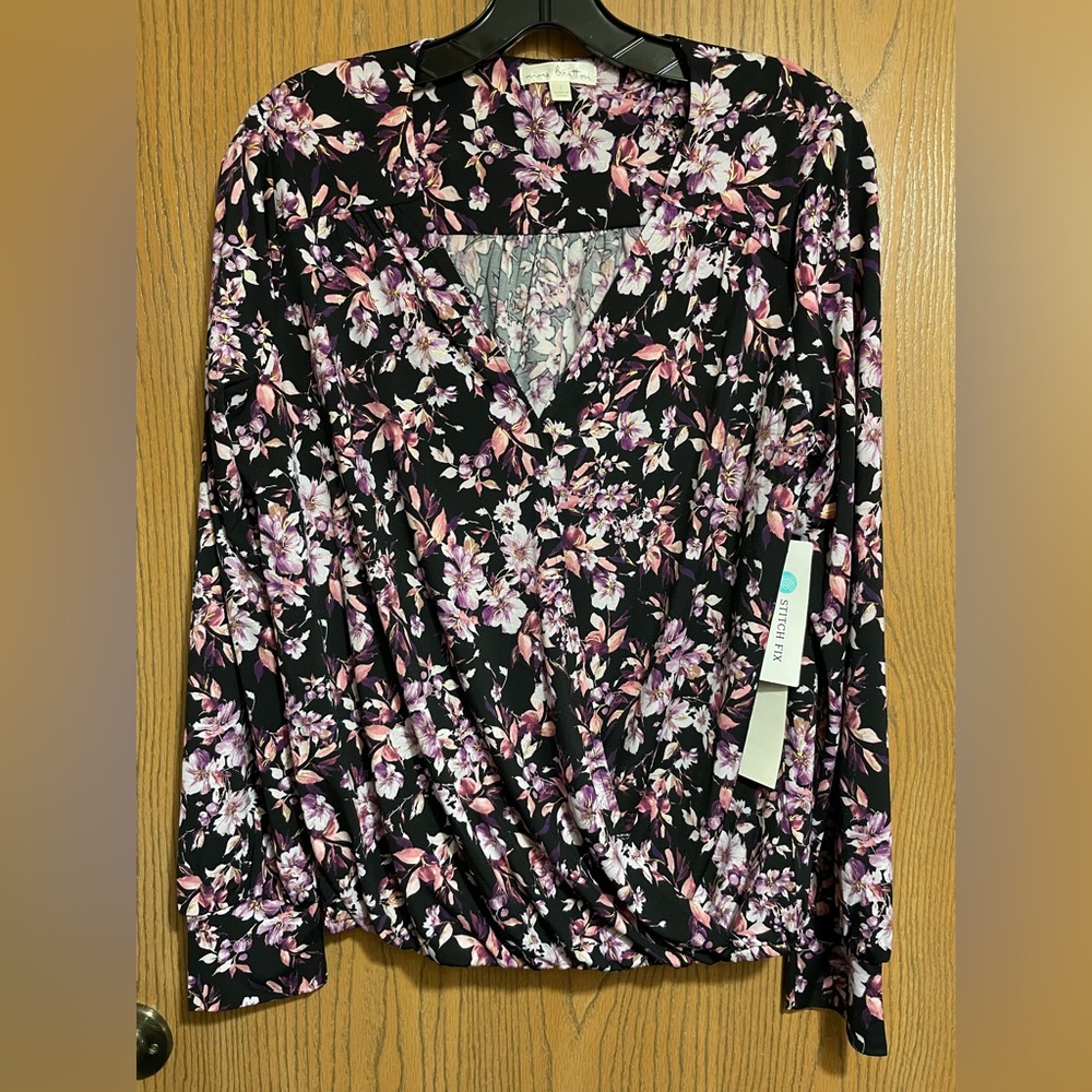 NWT Nine Britton Blouse Floral Faux Wrap - Black and Pink